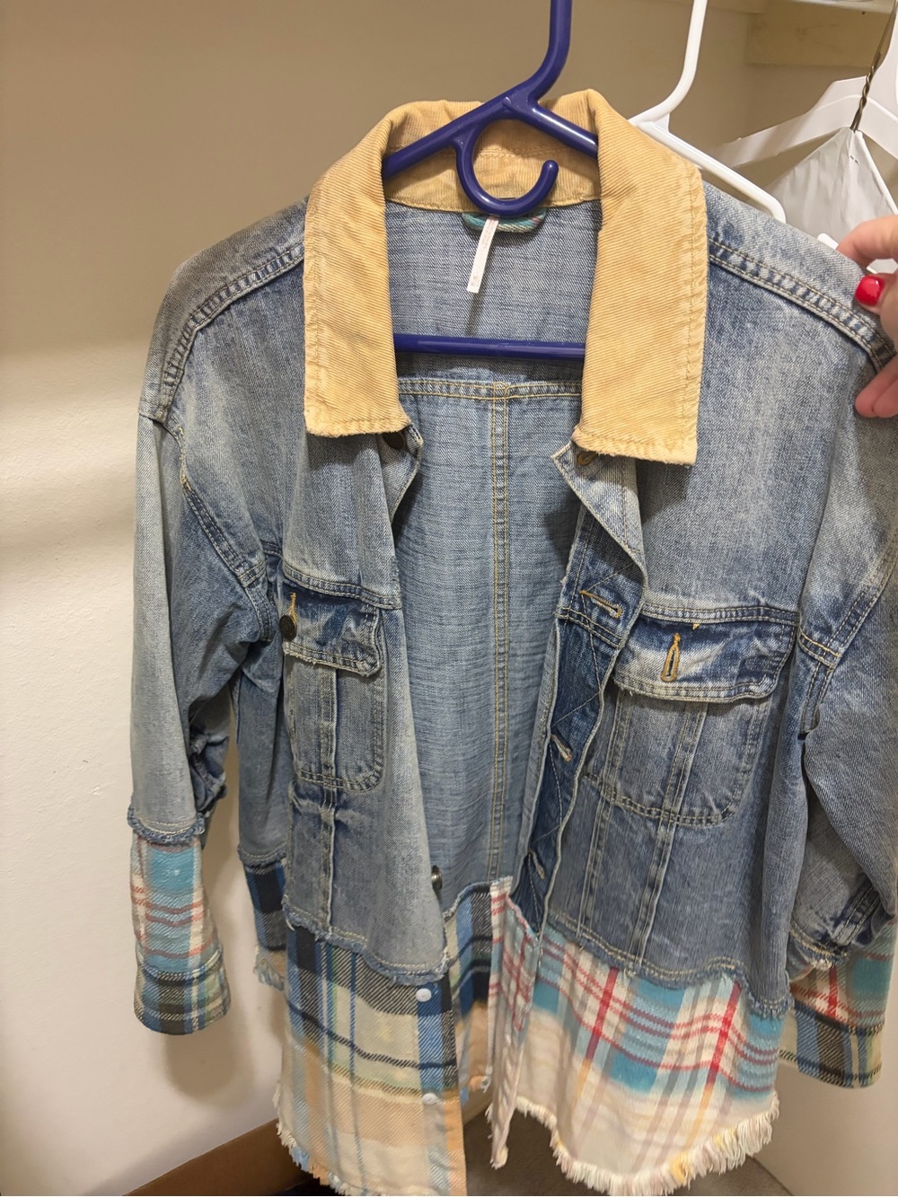 Free People Denim Jacket with Tan Corduroy Collar & Plaid Hem